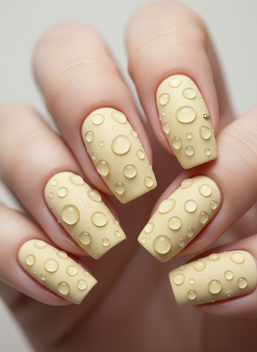 Matte pale yellow nails featuring realistic 3D clear gel droplets for a modern wet-look textured manicure.