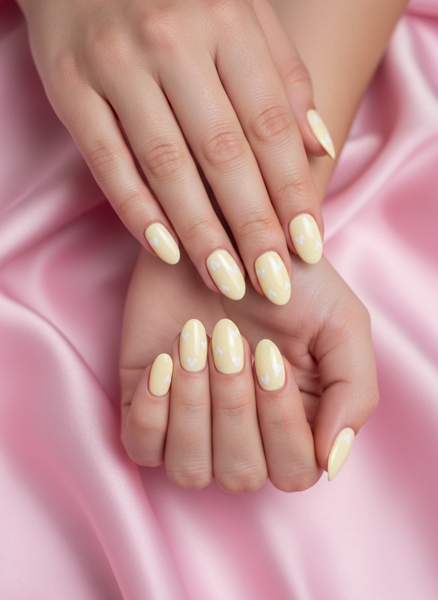 Oval-shaped nails featuring a pale yellow base with tiny white hearts resting on soft pink silk.