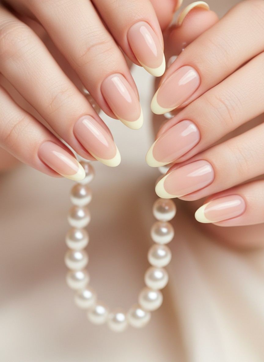 Elegant almond-shaped nails featuring a nude base and delicate pale yellow French tips holding a pearl necklace.