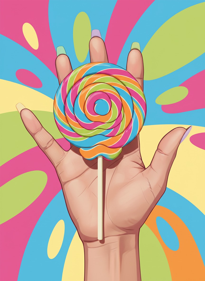 Hand with pale yellow, lilac, and mint green nails holding a vibrant lollipop in pop art lighting.
