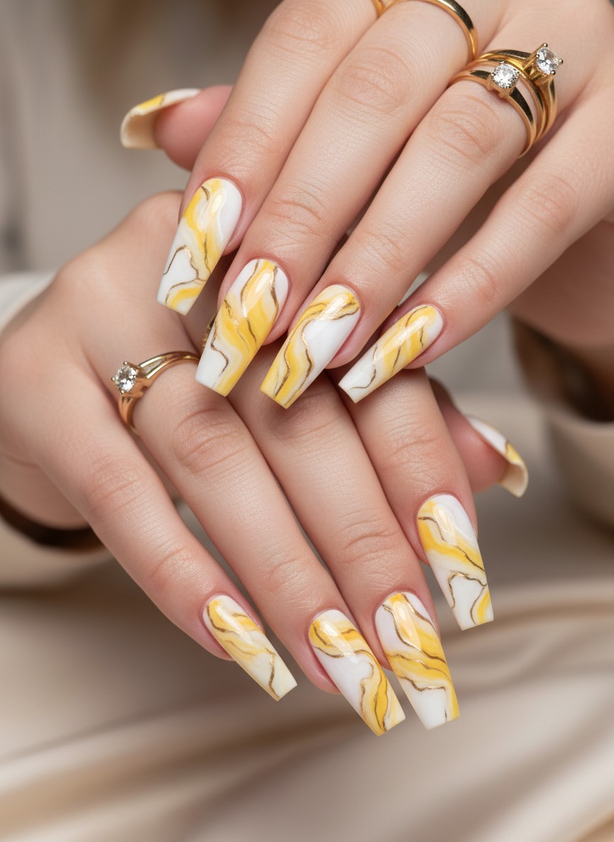 Close-up of coffin-shaped nails featuring a sophisticated yellow and white marble ink design with gold rings.