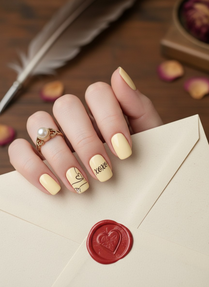 Pale yellow manicure with delicate black cursive writing on the accent nail holding a vintage envelope.