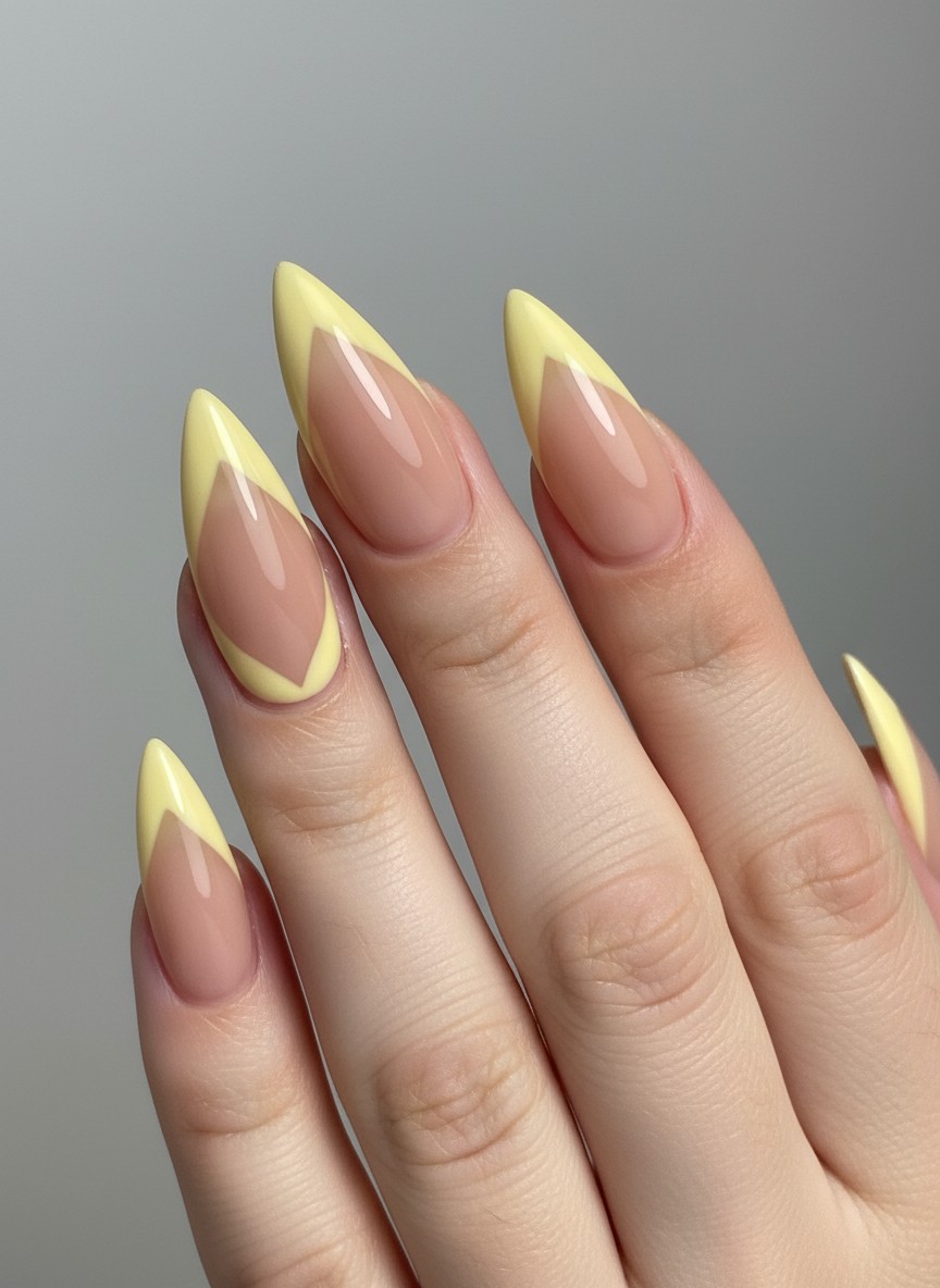 Sharp stiletto nails with nude base and pale yellow heart-shaped French tips in a creative style.