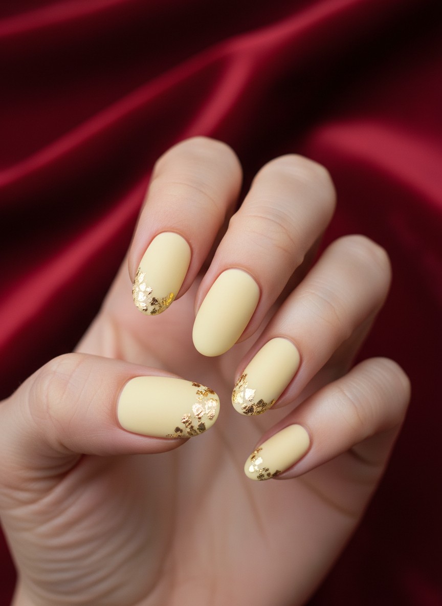 Matte pale yellow nails featuring delicate gold foil flakes near the cuticles against a rich velvet background.
