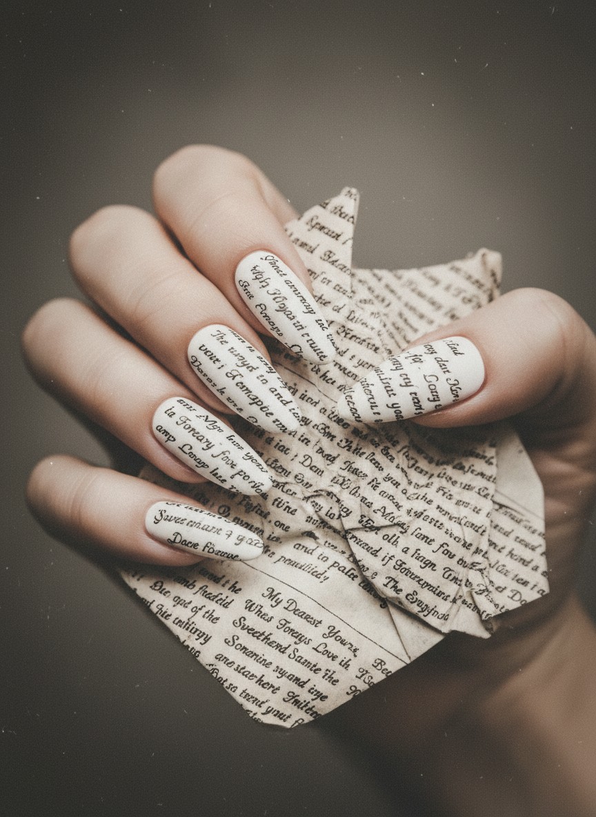 White ballerina nails featuring elegant black cursive handwriting script in a vintage love letter style