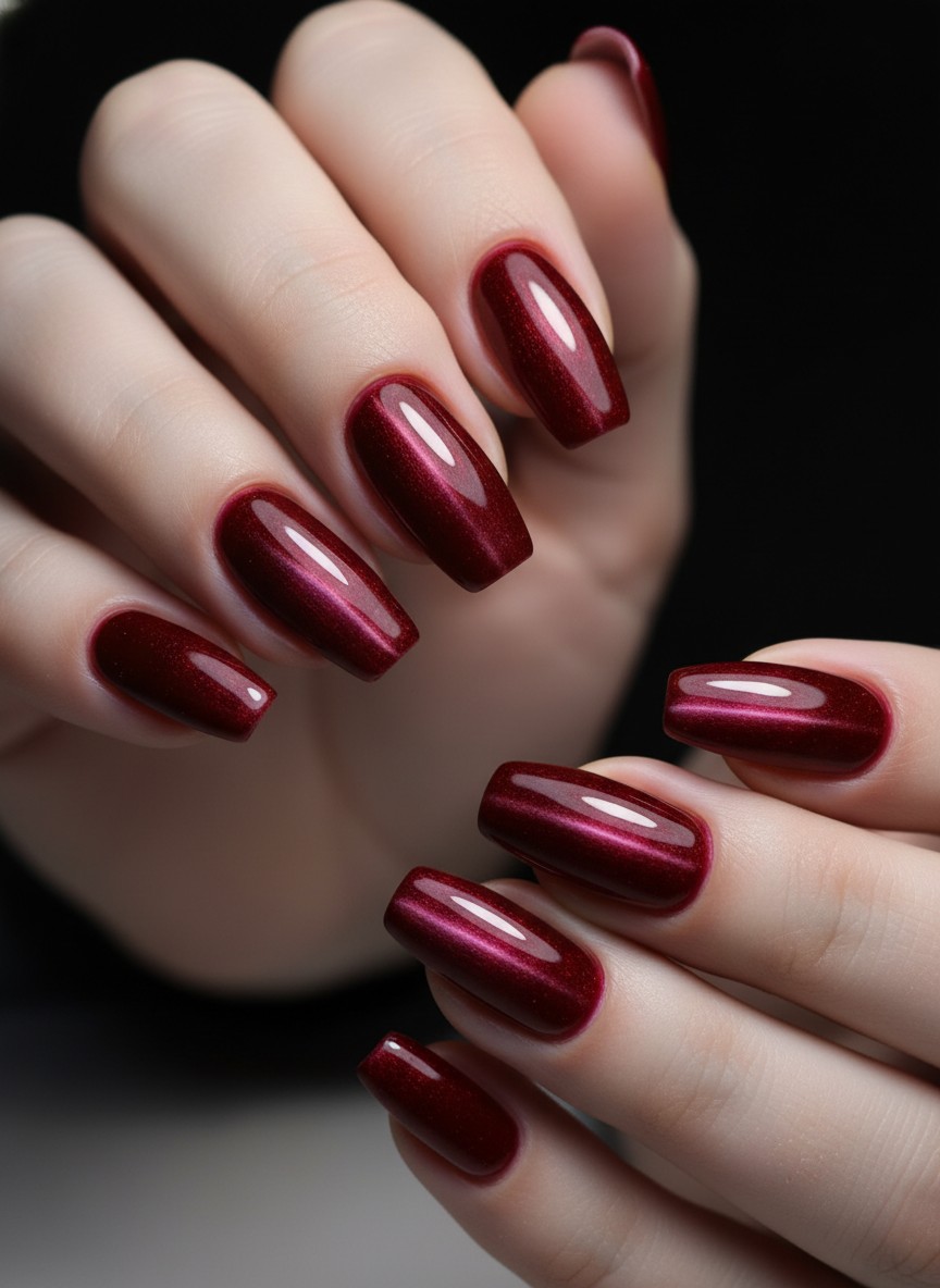 Deep red velvet cat-eye magnetic polish on ballerina nails with a shimmering light reflection effect.