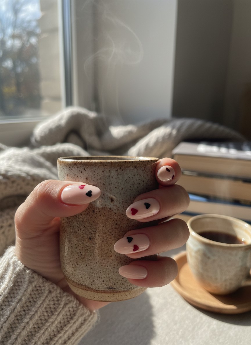 Nude ballerina nails with tiny hand-painted black and red hearts holding a ceramic coffee mug in daylight.