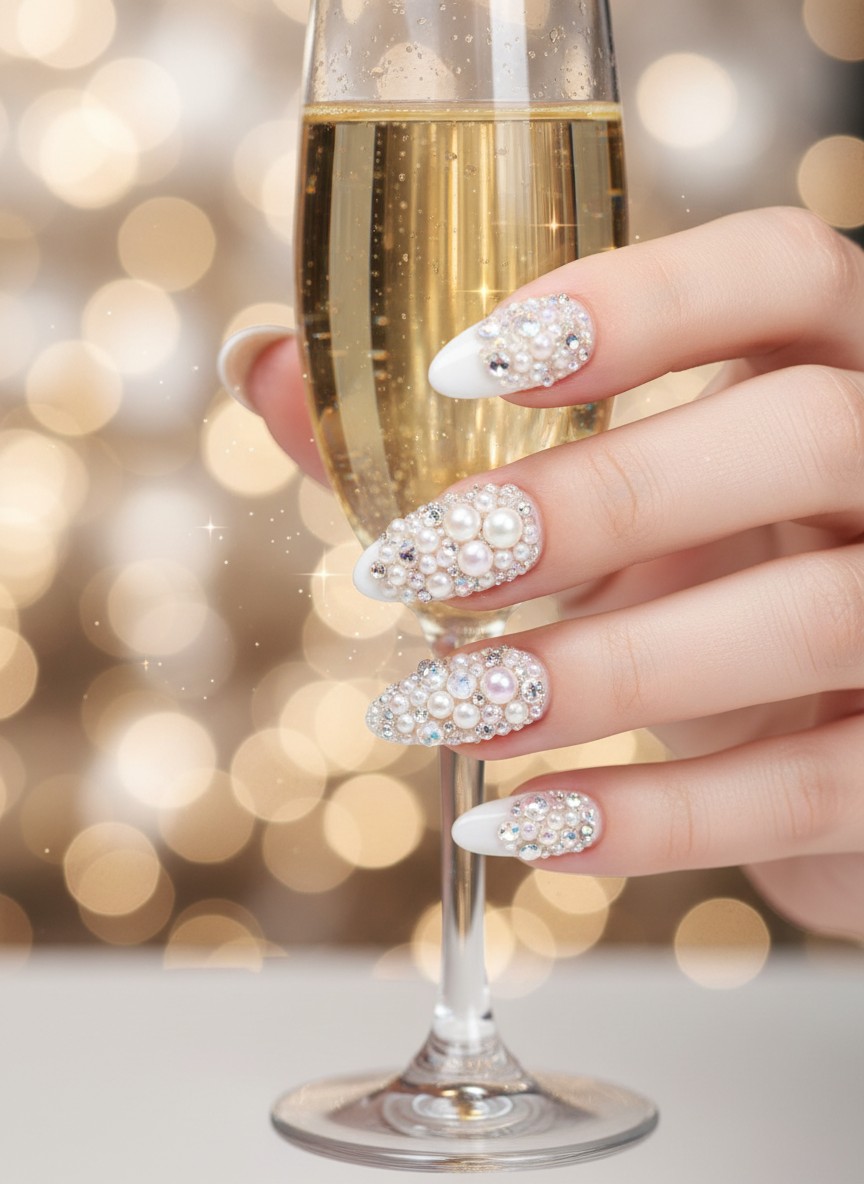 Elegant white ballerina nails decorated with pearls and crystals while holding a luxury champagne glass.