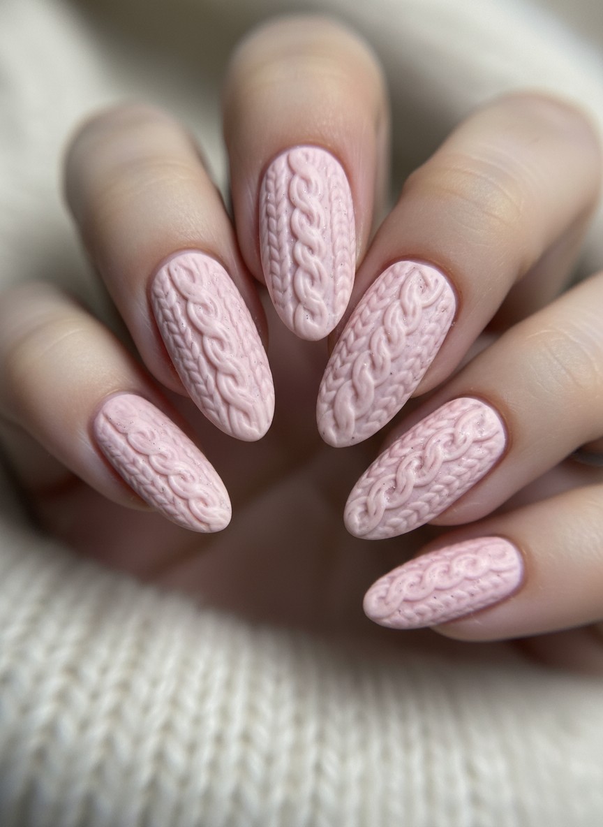 Matte baby pink ballerina nails featuring a raised 3D cable knit sweater texture and cozy aesthetic.