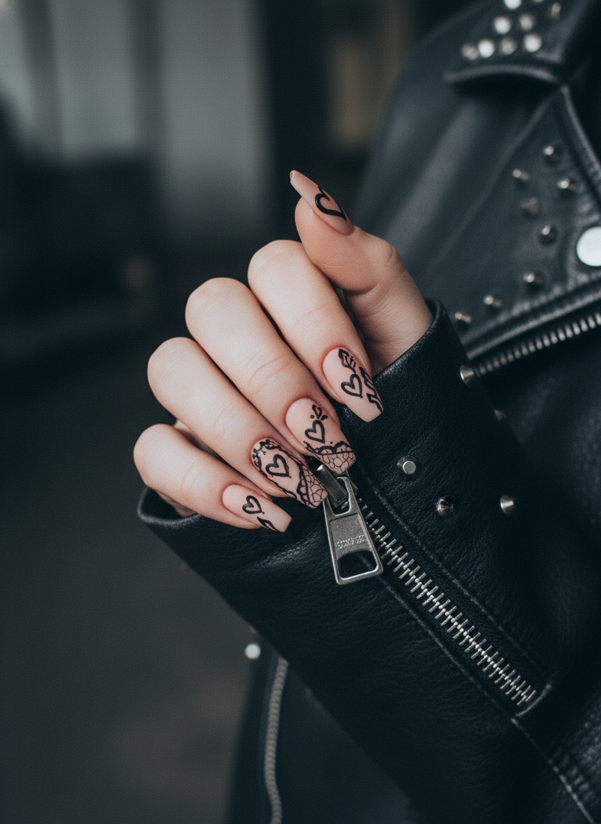 Matte nude ballerina nails featuring black heart outlines and lace patterns resting on a leather jacket.