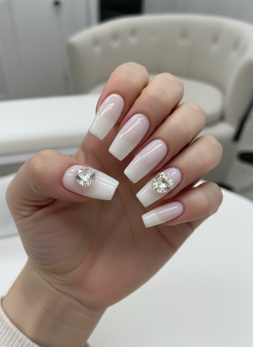 Elegant milky white semi-sheer ballerina nails decorated with a large heart-shaped gemstone in the center.
