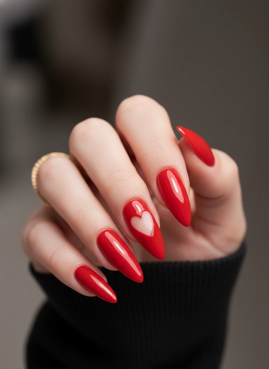 Long red stiletto nails featuring a precise heart-shaped negative space cutout on the ring finger.