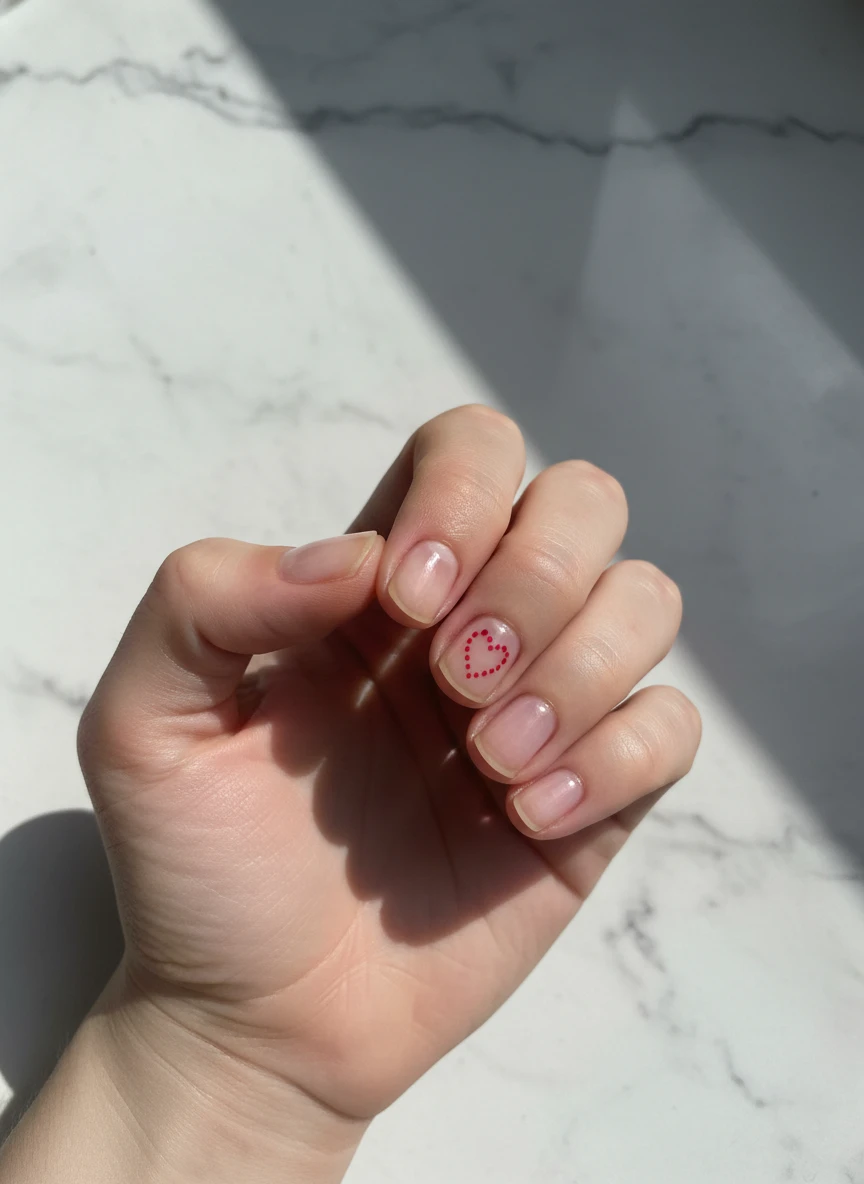 Short natural nails with a glossy topcoat and a delicate heart shape made of tiny red dots.