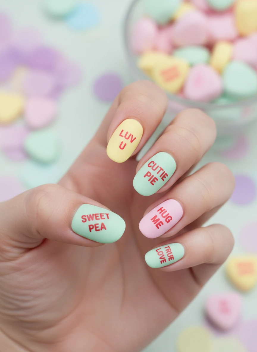Pastel matte nails shaped like conversation hearts with playful phrases like BE MINE and LUV U.