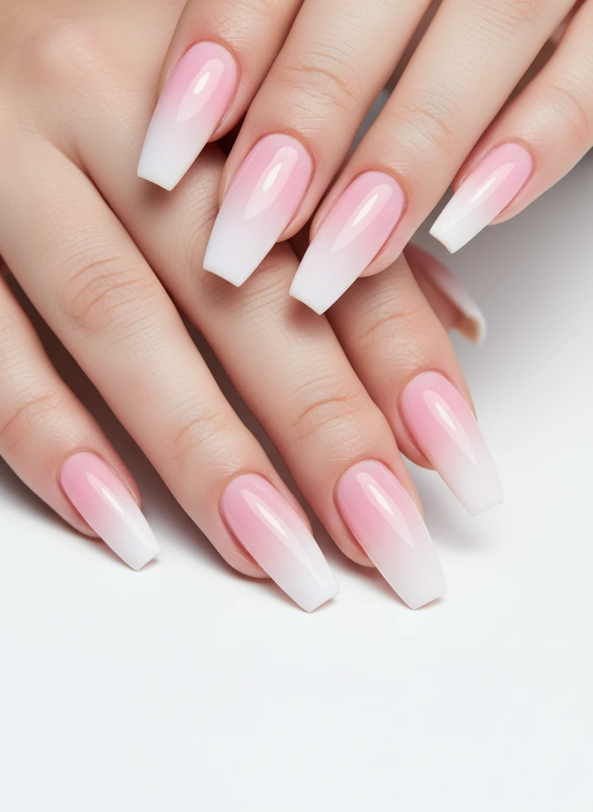 Long coffin nails featuring a smooth ombre gradient transitioning from soft white to a glossy baby pink.