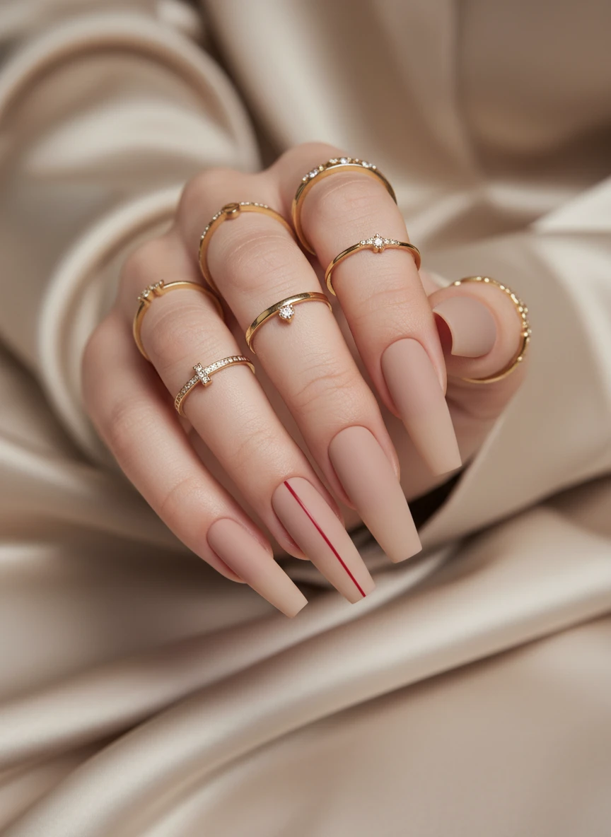 Long coffin-shaped matte nude nails featuring a thin vertical red line and delicate gold rings.