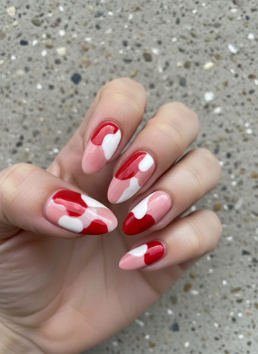 Abstract red, pink, and white organic-shaped polish blobs layered over clear natural nails against concrete.