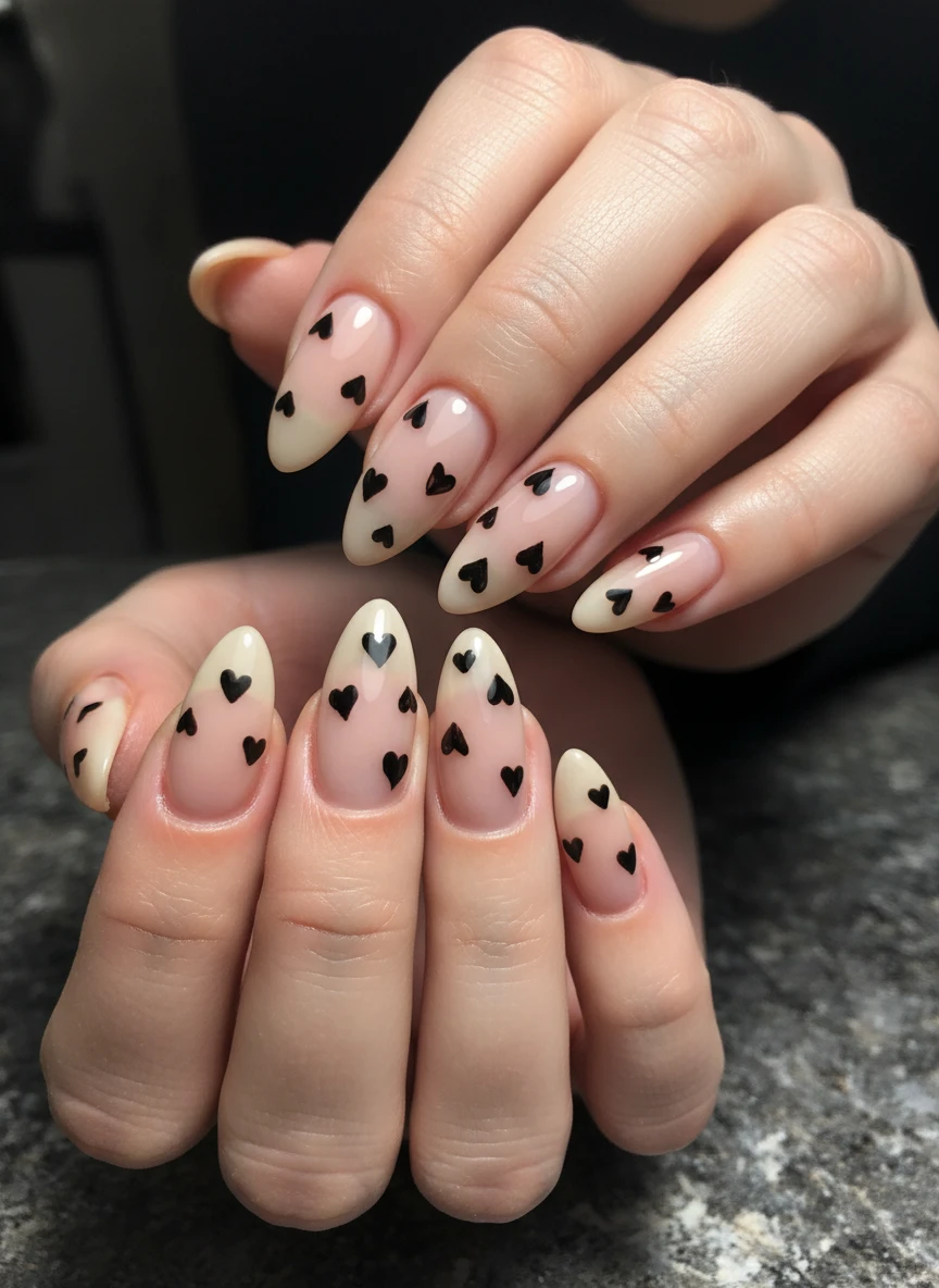 Medium-length almond nails featuring a sheer nude base and delicate hand-drawn tiny black heart patterns.