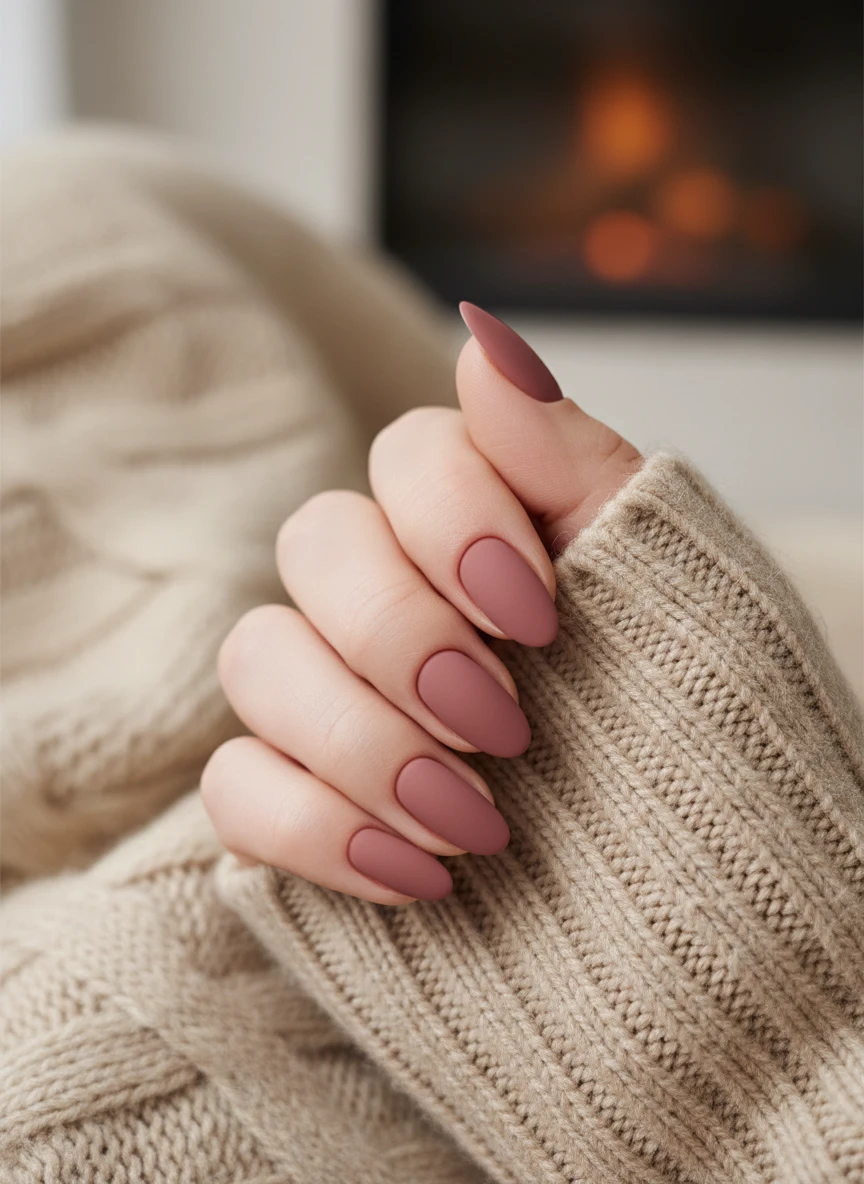 Medium-length almond-shaped nails featuring a velvet matte dusty rose finish while holding a soft beige sweater.