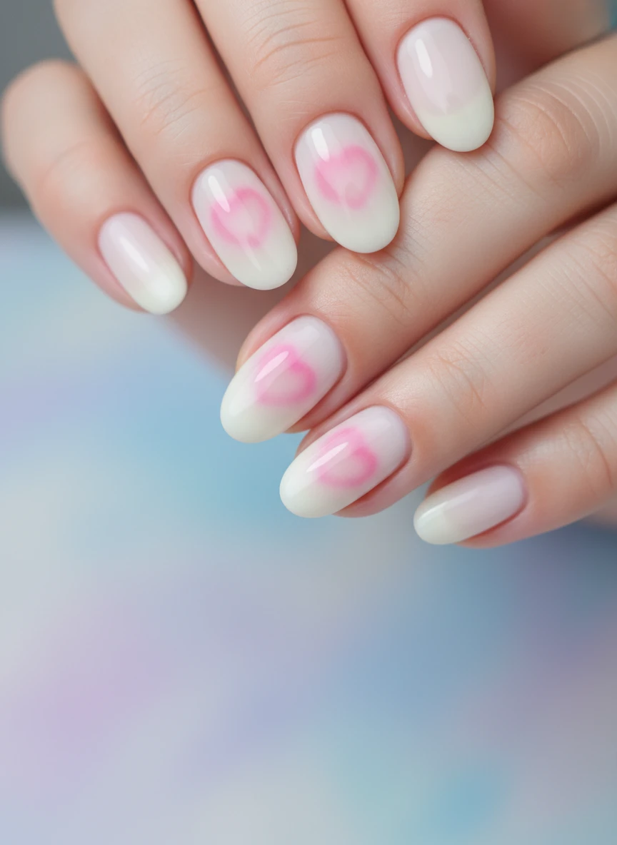 Delicate oval-shaped nails featuring a soft white base and a dreamy pink airbrushed heart aura effect.