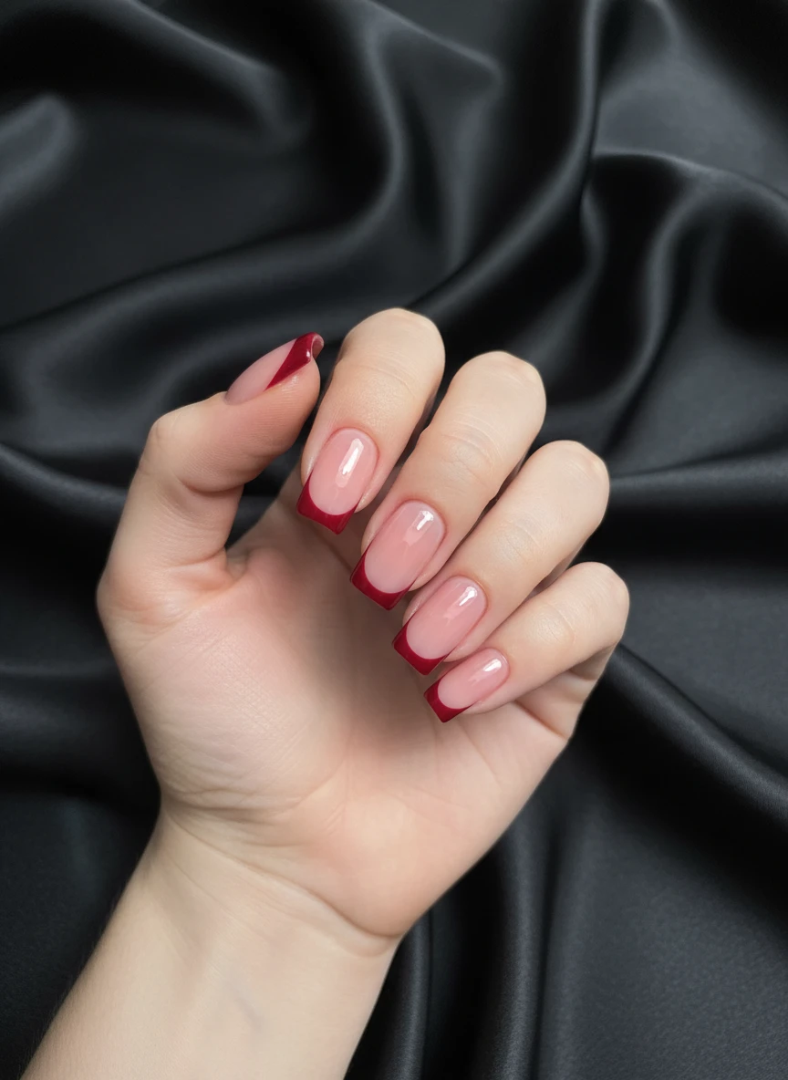 Square nails featuring a natural pink base and crisp red French tips against elegant black silk.