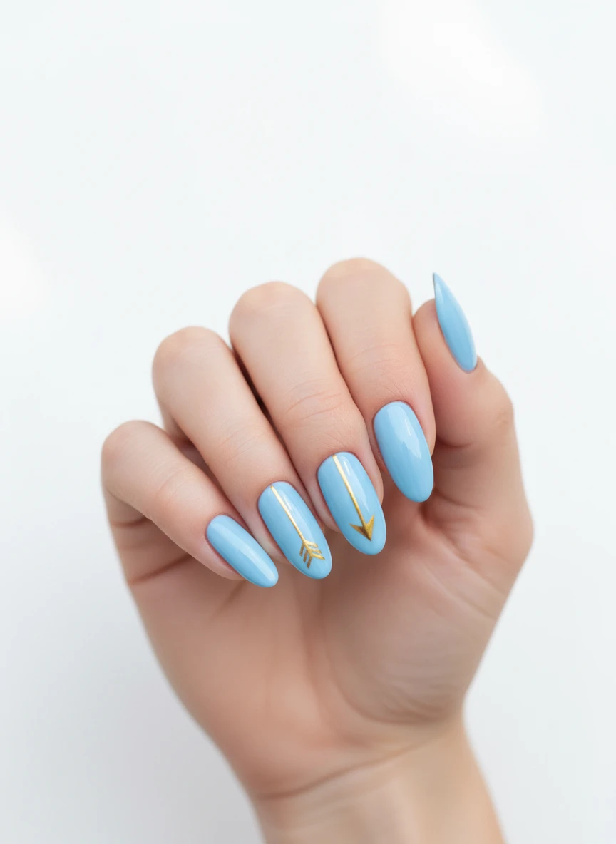 Long oval nails painted in sky blue featuring a minimalist gold arrow piercing through the middle fingers.