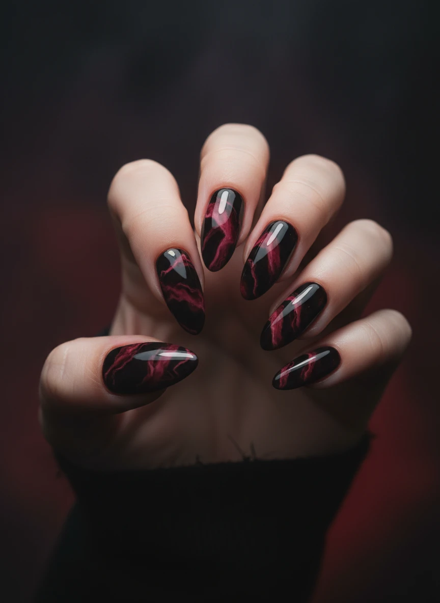 Almond-shaped nails featuring a dramatic black and red marble swirl effect with a high-gloss finish.