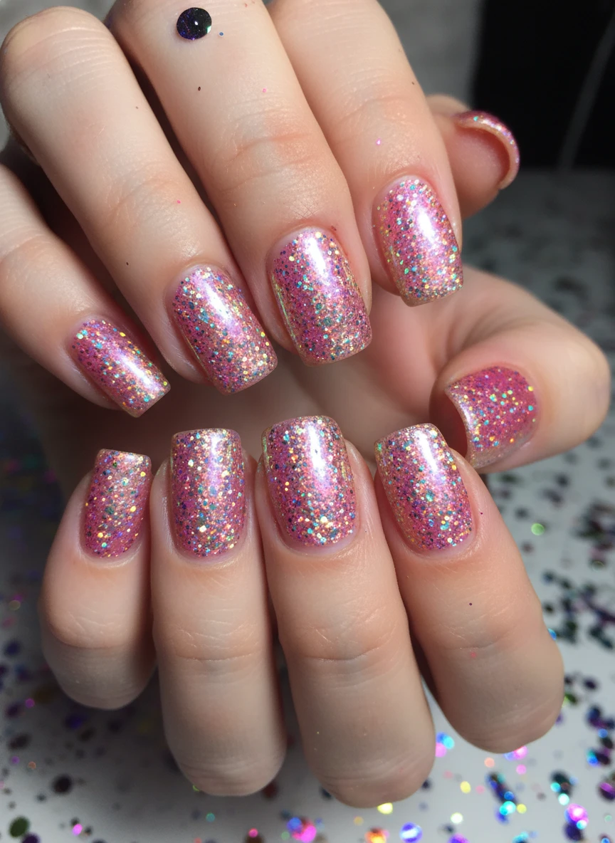 Short rounded nails featuring a dense holographic pink glitter finish that shimmers under dynamic party lighting.