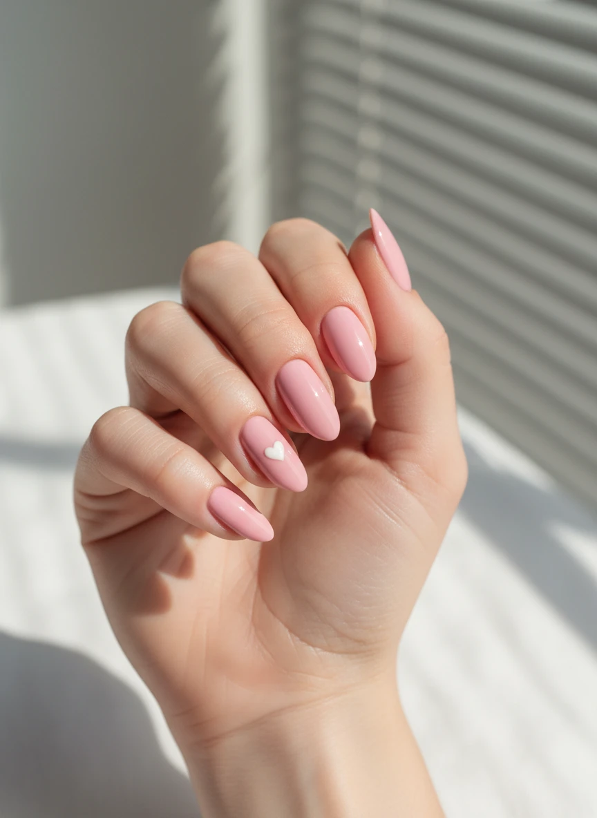 Almond-shaped nails in glossy baby pink with a delicate white heart accent on the ring finger.