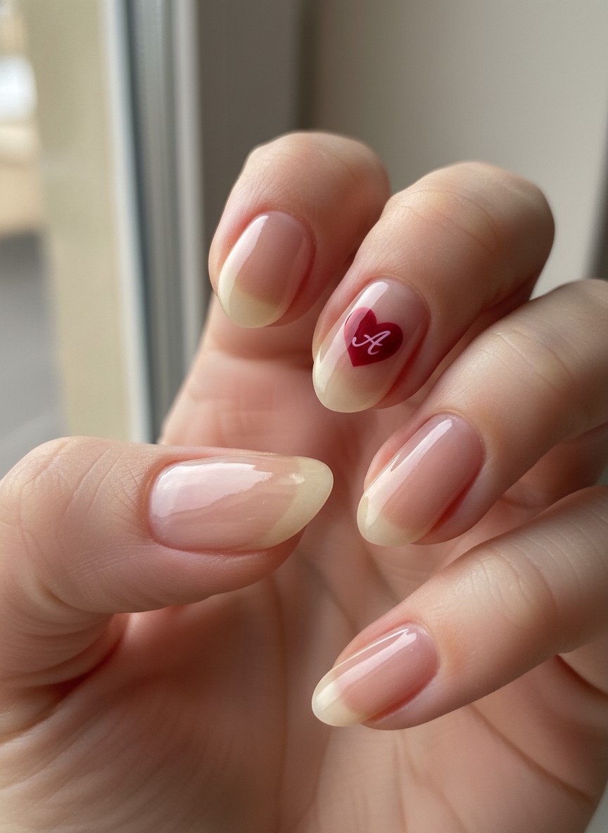 </strong> Close-up macro shot of short almond-shaped nails with a sheer nude base, a tiny red heart painted on the ring finger containing a delicate white initial 'A' inside, soft natural lighting, high texture detail, 8k resolution.