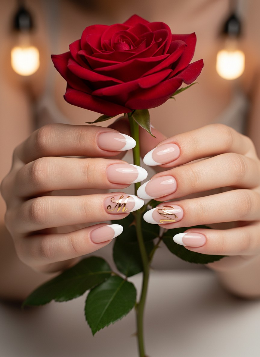 </strong> High-angle shot of elegant square nails featuring a classic white French tip, a cursive initial 'M' applied in metallic gold foil on the pinky finger, holding a red rose stem, studio lighting, luxurious texture, photorealistic.