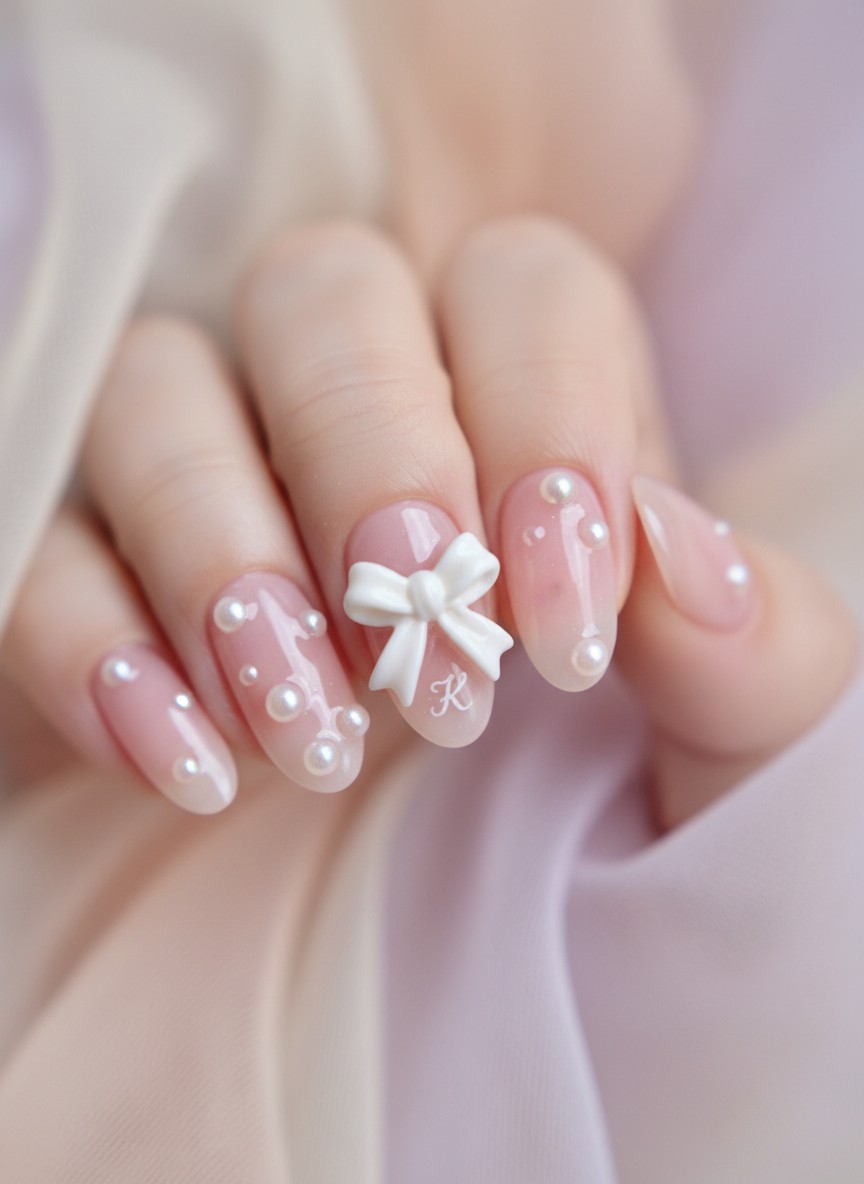 </strong> Soft focus shot of oval nails in milky pink, featuring a 3D white ribbon charm and a tiny hand-painted initial 'K' underneath, pearls scattered on the nail plate, soft pastel aesthetic, dreamy lighting, highly detailed texture.