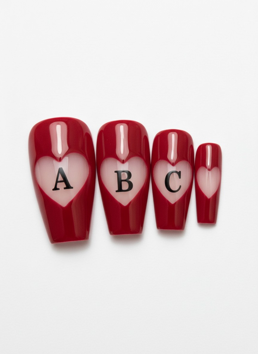 </strong> Macro shot of coffin-shaped nails with a negative space heart cutout in the center of a red nail, a black block letter initial floating inside the clear space, modern art style, bright studio lighting, crisp edges, 8k.
