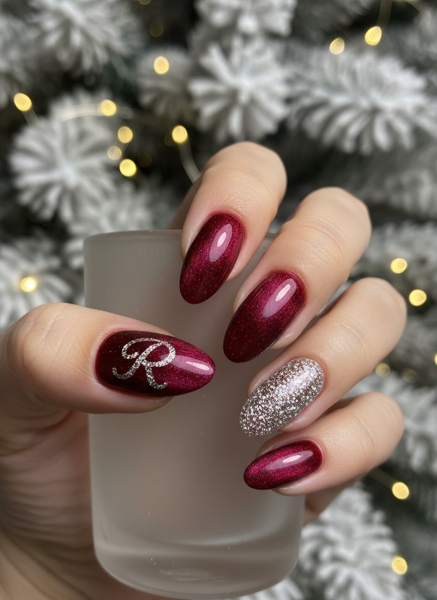 </strong> Close-up video-style still of velvet effect cat-eye nails in deep ruby red, sparkling magnetic texture, with a silver glitter initial 'R' on the thumb, dramatic contrast lighting, luxurious winter vibe, 8k resolution.
