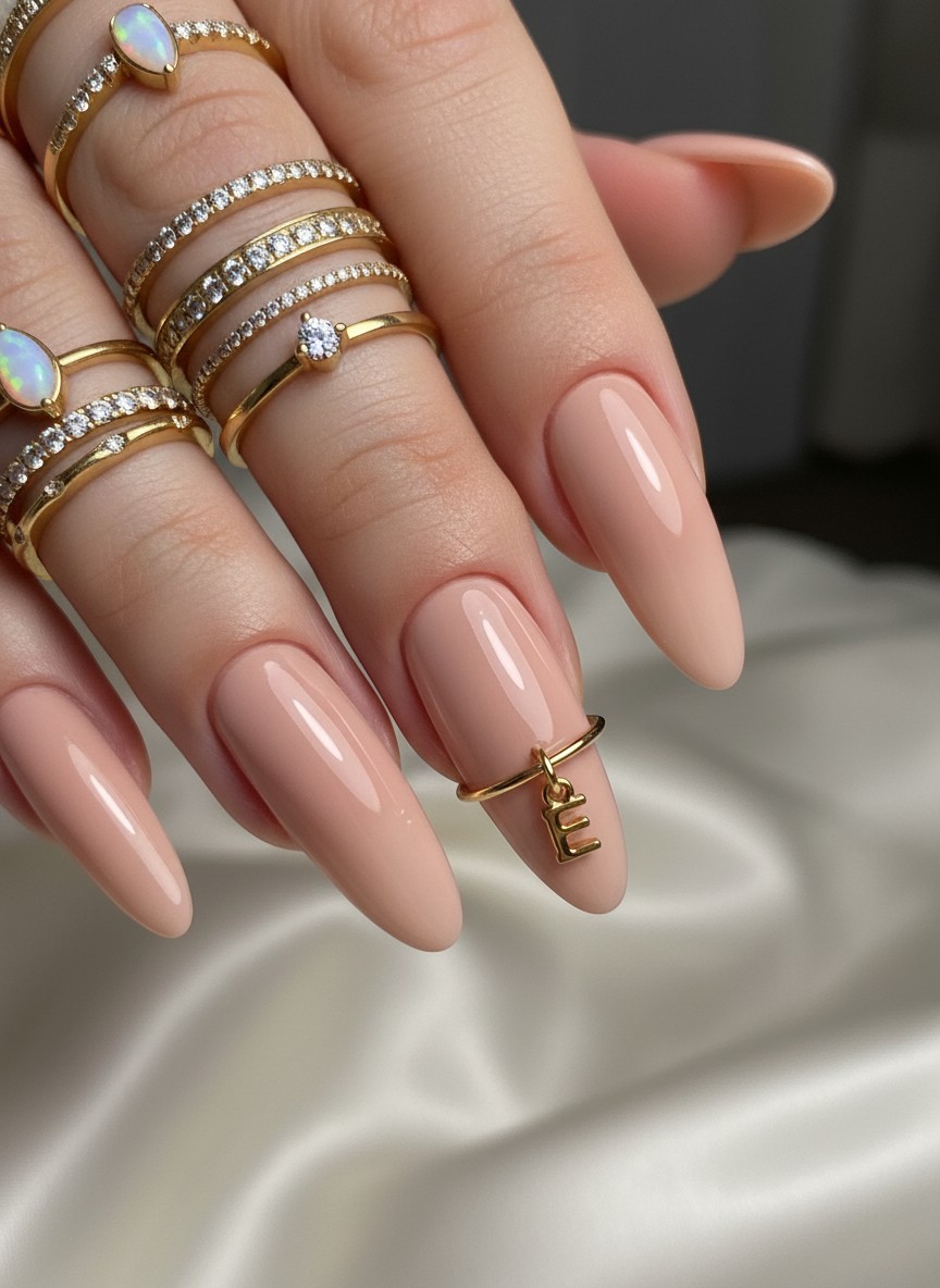 </strong> Macro detail of long almond nails with a dangle piercing charm in the shape of a gold letter 'E' attached to the tip of the pinky nail, nude pink base polish, expensive jewelry aesthetic, sharp focus, 8k.