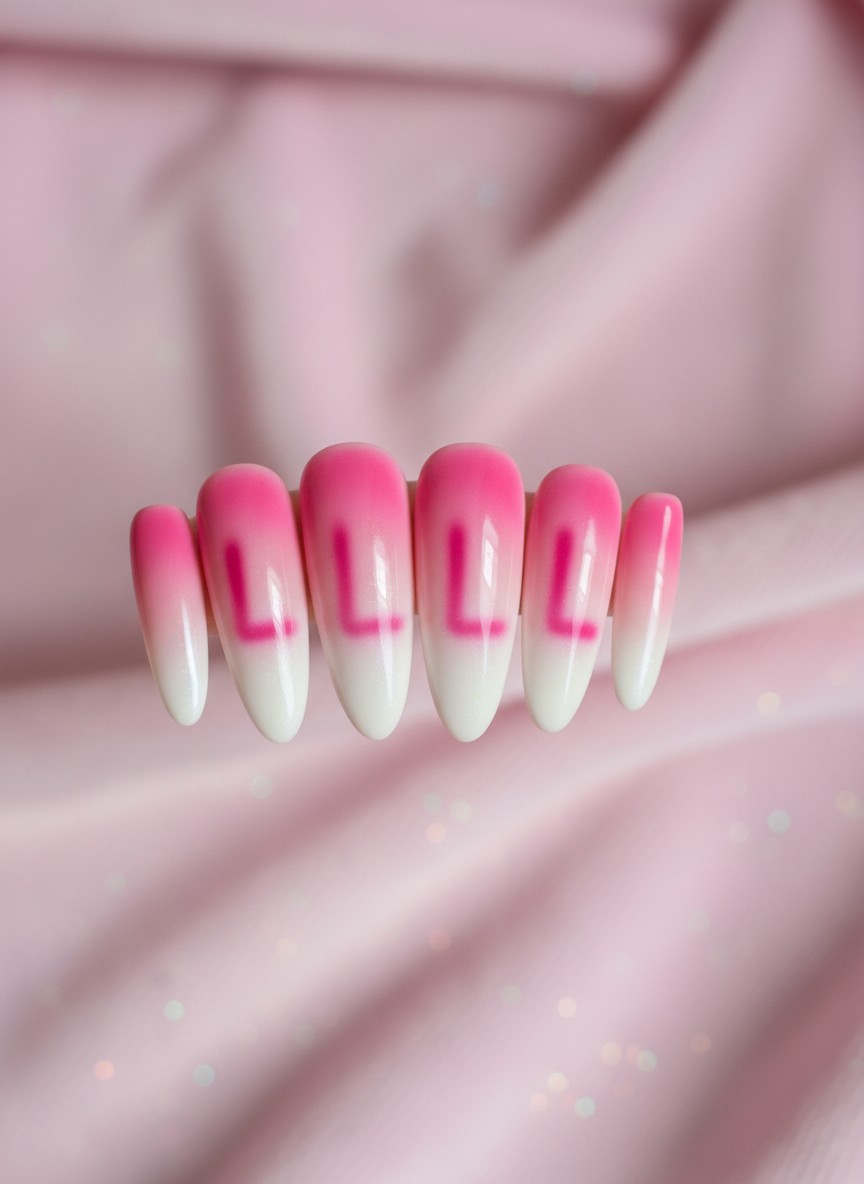 </strong> Top-down shot of medium almond nails featuring a pink-to-white airbrushed aura gradient in the center, with a blurry dark pink initial 'L' sprayed over the aura, Y2K aesthetic, soft diffused lighting, trendy texture.
